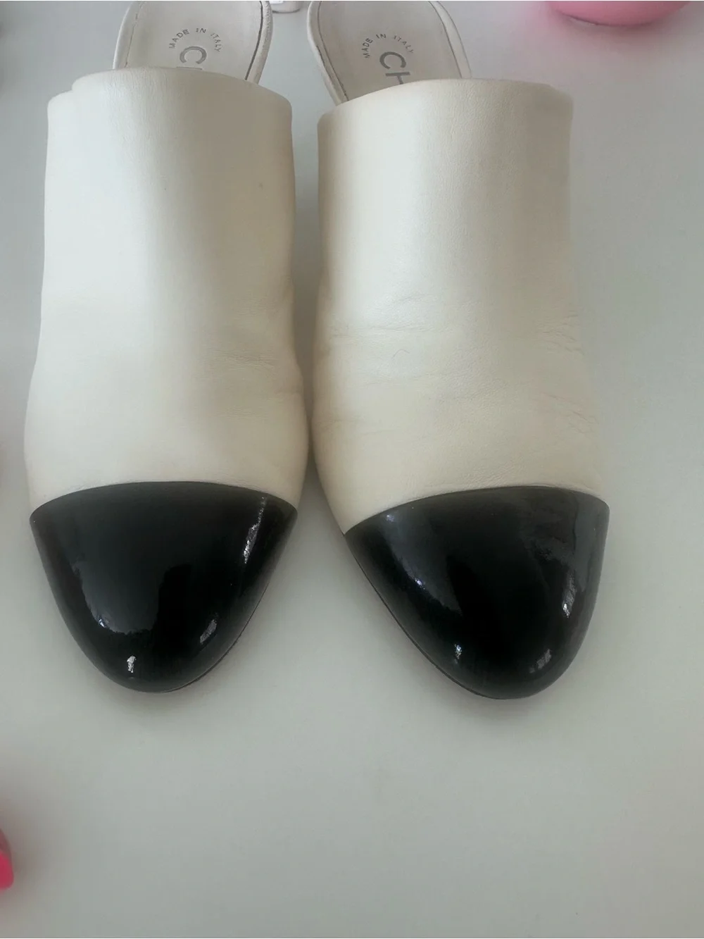 CHANEL Two-Tone Slip-On Mules in Cream and Black preloved